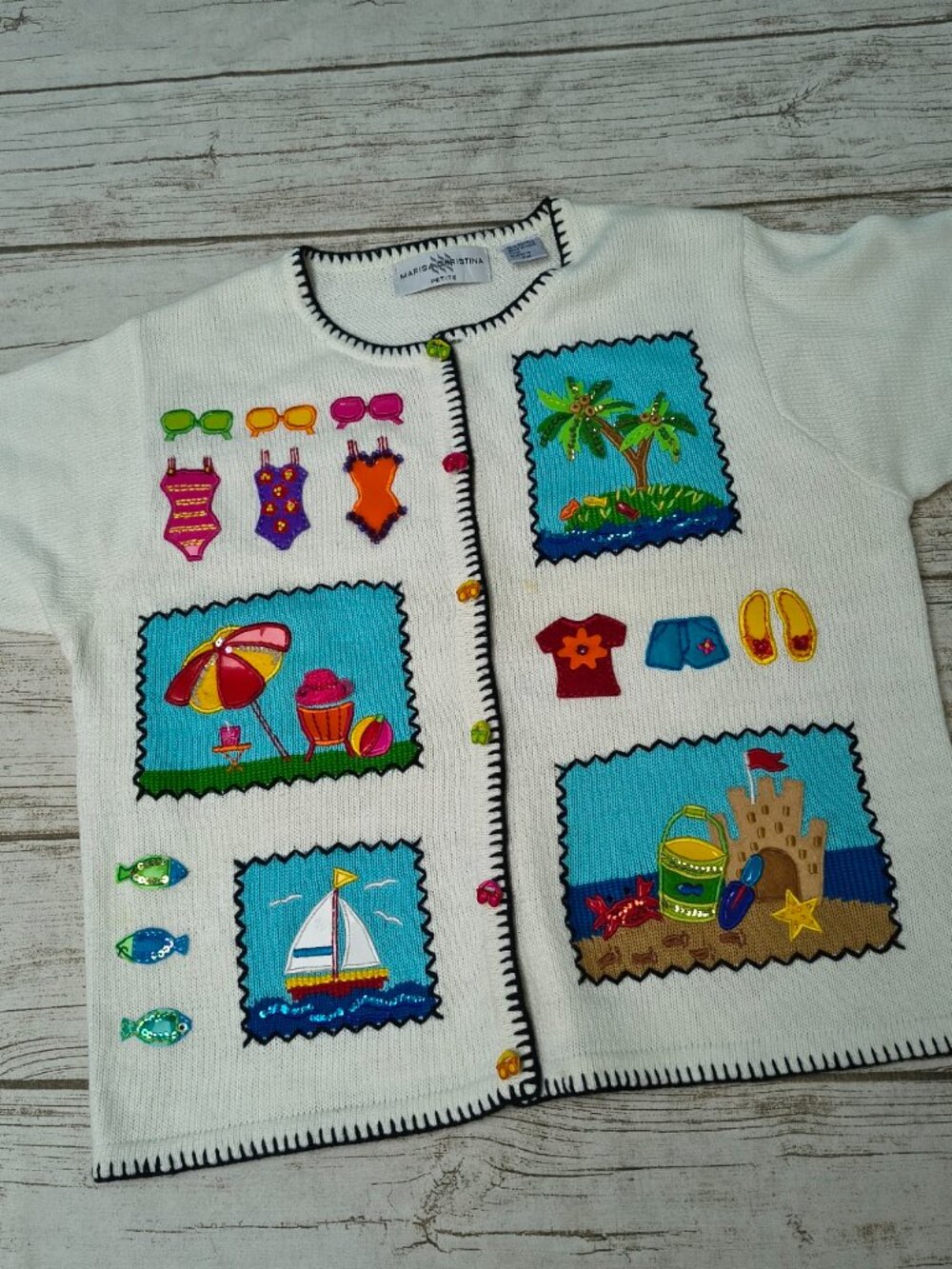 Vintage Marisa Christina Petite Beach Vacation Short Sleeve Knit Cardigan PM